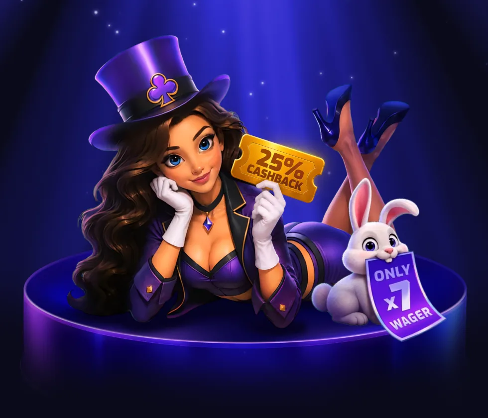 Trixino magician hostess with 25% cashback ticket and white rabbit with x7 wager sign
