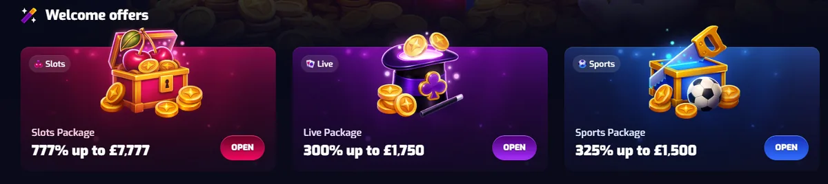 Trixino welcome offers: slots package 777%, live package 300%, sports package 325%